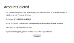 Ban Account Deletion Roblox Wiki Fandom - roblox account banned forever