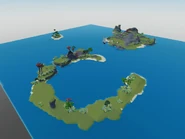 An aerial view of Pirate Island's four islands.