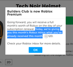 Notification sent to all Builders Club users regarding their membership being converted into Premium.
