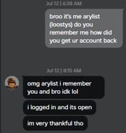 An chat from an TTDG friend during his unbanement and compromisse