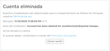 Cuenta eliminada por cargos en disputa