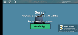 A user receiving the Tiny Tanks Egg for free because the egg hunt mission is not compatible on mobile.