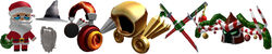 (Left to Right) BLOXikin #32 Santa Claus / The Wisest Wizard / Musica Infernus Dominator / Dominus Aureus / Festive Swordpack / Merrywrath