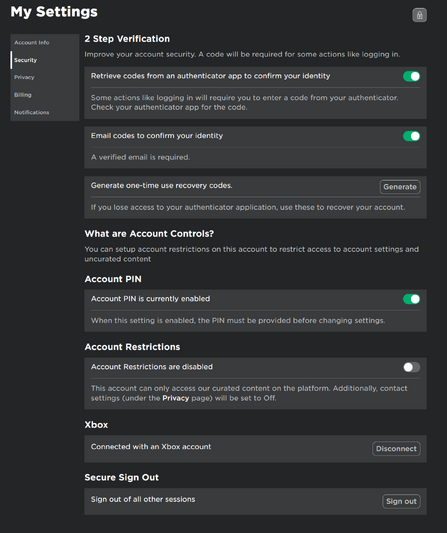 Account settings, Roblox Wiki