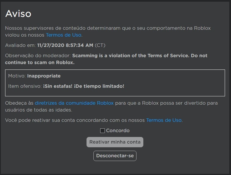 Sim, fui banido do roblox kkkjj Em banimento por 7 Nossas