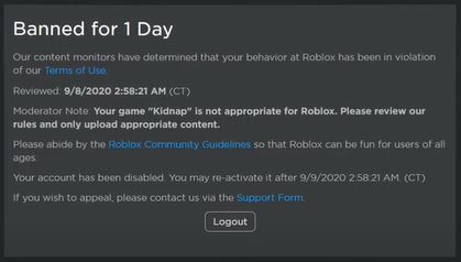 Banimento, Roblox Wiki