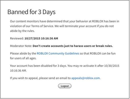 Em banimento por 3 Nossos supervisores de conteúdo determinaram que seu  comportamento na Roblox violou os
