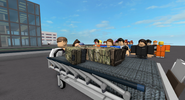 An injured Robloxian soldier gets carried by a doctor.