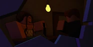 Odette threatening John in the Cosmo Club building in the game's lobby.