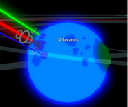 The planet that The Ghlaxanes takes place on, as well as any related games. The Arc is firing from it, releasing a red, blue and green beam.