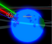 The Ghlaxanes planet seen in EK-2585. The Three Arcs are firing from it, after a successful pattern. Egor’s source beam seems to be located on the Abyss.