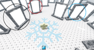 A diagram of where some of the portals lead directly near the player at spawn. The portal on the left (outlined in black) takes the player to ‘is it dead?’ The portal near the center (marked in red) takes the player to ‘wrong’ and the portal on the right (outlined in blue) takes the player to ‘precious snow heart.’