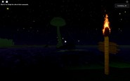 The start of the obby (dimly lit, the fireflies and torches are the only source of light, making it hard to complete).