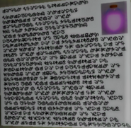 A closer look at the document for the Stoneman Nullification Potion, written entirely in Atlantean. The Potion itself is right in front of the document.