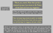 The dialogue that appears after the player returns his eye to him.
