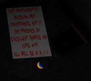 A note written by Ipiprix inside of the maze, along with a photo of Bart holding his child, as well as a vial of Cure #49, specifically Bart’s Cure #49. Picking up the vial and drinking it transports the player to REJECTION.