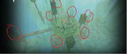 A picture of the game, “The thing that walks with her” with all of the portals circled in red.