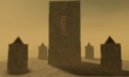The final structure around the top right corner of the map, when the four relics are reunited. The code is visible on the central block.