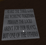 A note showing that the three gods of the islands created the puzzle in Hydrown.