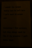 A note that can be found in the corner of a room in “Temple".