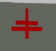 A patriarchal cross on the back of a building.