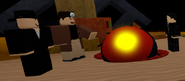 Graves, Ipiprix and Bart standing next to the torn out eye of Immortius, as well as an example of a Colorum code (This code will be randomized with each playthrough).