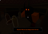 A shady NPC inside the bar that says: “Hey, kid. What are you doing in here? Get out.”