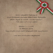 The first decal inside of Hosiesseg's inventory, "Elhunyt". The text roughly translates to; "My father returned from Szőreg, his bloody upper body was strangled by a tightly wrapped bandage. The now filthy rifle hung over his shoulder. He no longer had the strength to carry it. He collapsed in the doorway, and he asked shyly, to be laid for eternal rest beside my mother's grave. I have never met my mother."