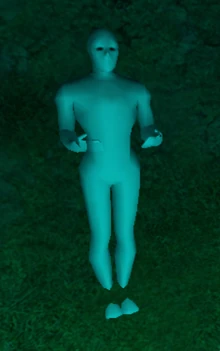 The white mannequin, known as "Him", can be found in all of the Nursery Myths places but not FatherGrimm's. This was taken from SolomonGrundee's place.