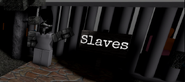 Zergred in front of a cage full of Colors being sold as slaves.