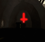 An upside down cross can be found in the small church reserved for Cult family members only in Emmett's game.