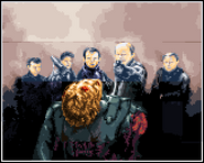 The Boddicker gang depicted in a cutscene image from RoboCop 2 (Arcade game).