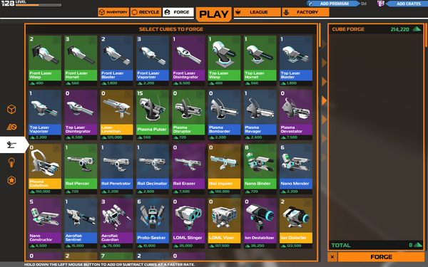 Weapons page of the Cube forge