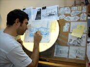 Background designer Baptiste Lucas drawing backgrounds for Hair-A-Parent