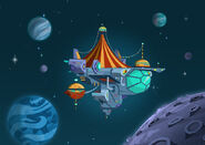 Background design of Aunty Gravity's freakshow planet/ship