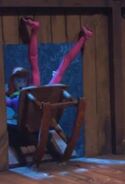 Daphne falling through the trap door in the bunkhouse