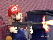 Mario is holding a M3 submachine gun