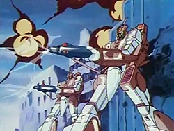 Two Veritechs in Battloid mode during the initial attack on 