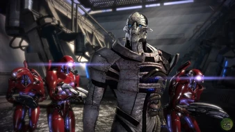 Saren accompanied by a platoon of Geth