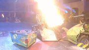 Sgt. Bash blasts his flamethrower at Refbot when he gets caught on Sgt