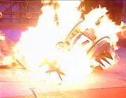 Sergeant Bash sets Wheelosaurus alight with its flamethrower