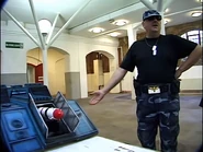 Mike Onslow with Plunderbird 1 at the First Wars audition (The Making of Robot Wars)