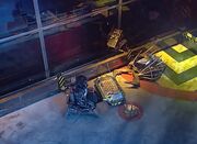 Refbot pushes Spikasaurus free of the arena wall