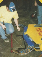 Kan-Opener getting prepared backstage during the filming of Robot Wars Extreme 2