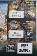 The backs of the album and sticker pack containing the 'Free Sample' listing