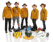 John Frizell and JME Anderson (left) with The Four Horsemen at BattleBots in 2019