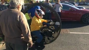 Kevin Scott demonstrates his monowheel at RoboNerd in 2018