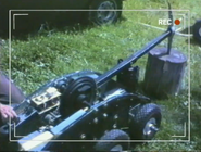 A near-complete Killertron pierces a wooden stump during testing, in a clip from the team's video diary shown in Robot Wars Revealed