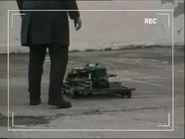 A partially-finished Technophobic undertakes an outdoor test, in a clip from the team's video diary shown in Robot Wars Revealed