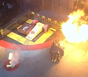 A decisive shove by Tornado (centre-left) breaks a weld in one of Wheely Big Cheese's wheels